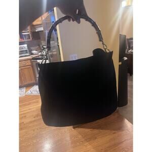 Gucci Black Suede Leather Bamboo Handle Hobo Bag With Detachable Crossbody Strap
